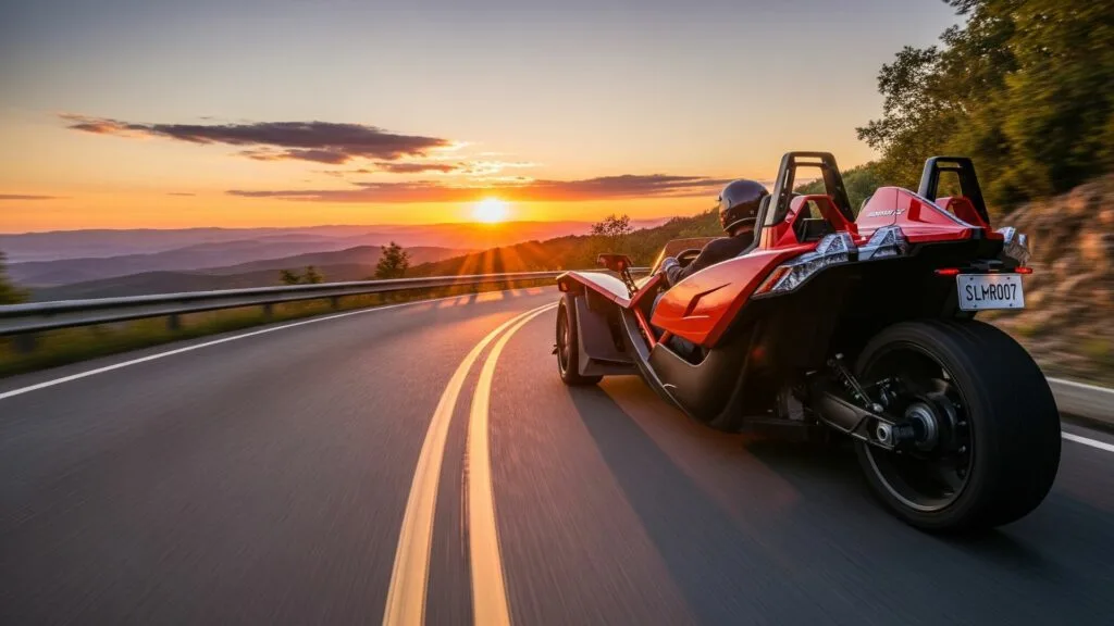 Polaris Slingshot driving into sunset on winding scenic road.