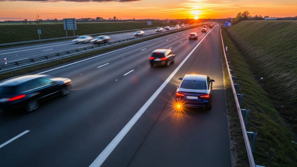Vehicle pulled over on highway shoulder with hazards blinking