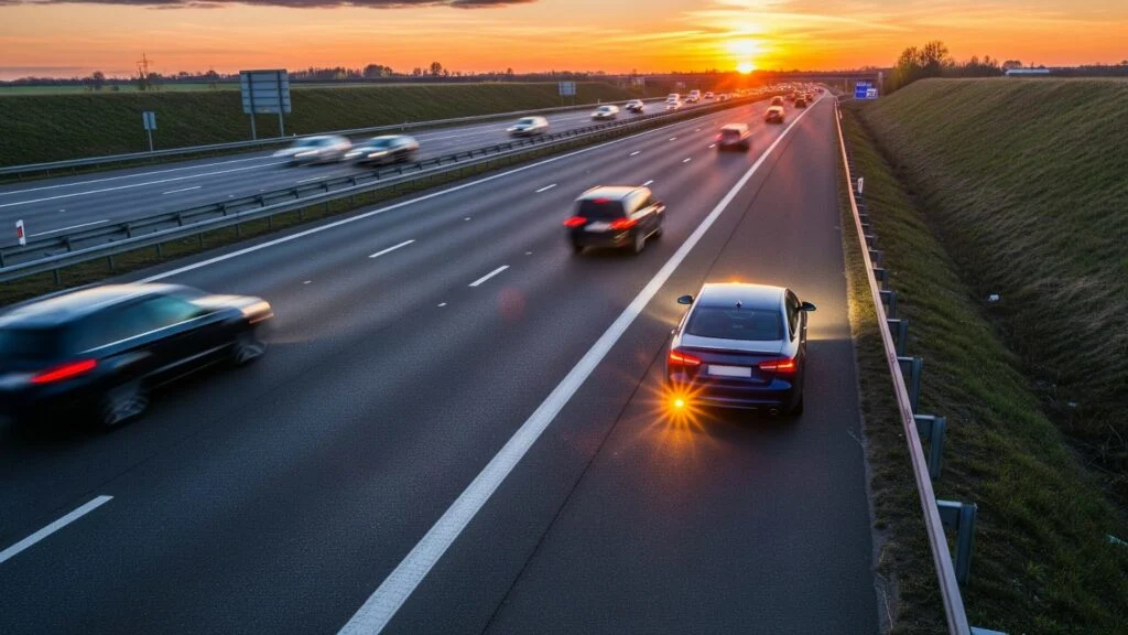 Vehicle pulled over on highway shoulder with hazards blinking