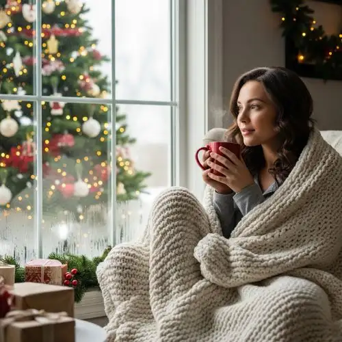 Woman enjoying coffee beside a Christmas tree during winter